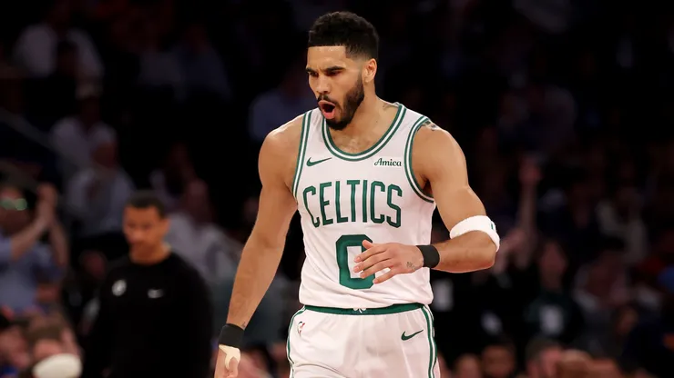 Jayson Tatum #0 of the Boston Celtics celebrates a three point shot in the first half against the New York Knicks in Game Four of the Eastern Conference Second Round NBA Playoffs at Madison Square Garden on May 12, 2025 in New York City.