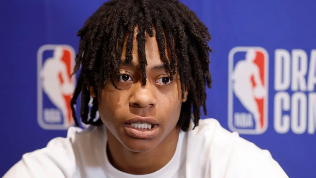 Tre Johnson answers questions from reporters during media availability at the 2025 NBA Draft Combine at Wintrust Arena on May 14, 2025. (Source: Michael Reaves/Getty Images)