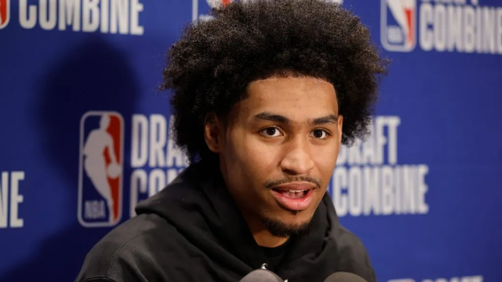 Dylan Harper answers questions from reporters during media availability at the 2025 NBA Draft Combine at Wintrust Arena on May 14, 2025. (Source: Michael Reaves/Getty Images)