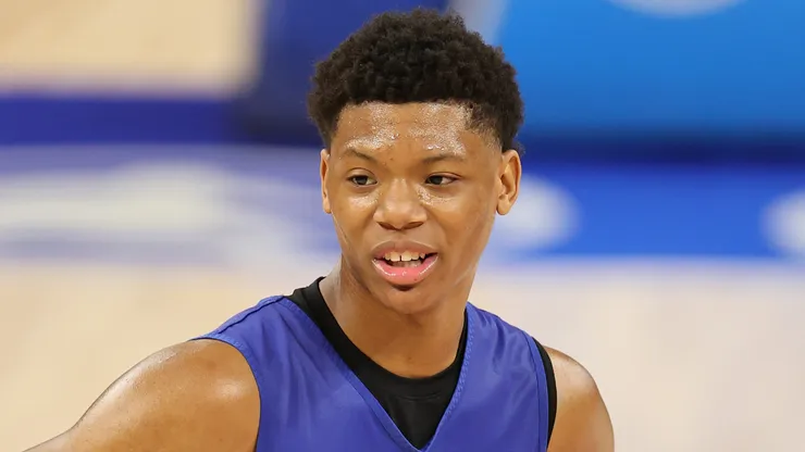 Ace Bailey #21 looks on during the 2025 NBA Draft Combine at Wintrust Arena on May 13, 2025 in Chicago, Illinois.