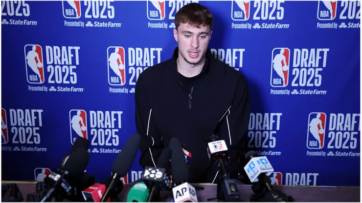Cooper Flagg speaks during a Media Availability