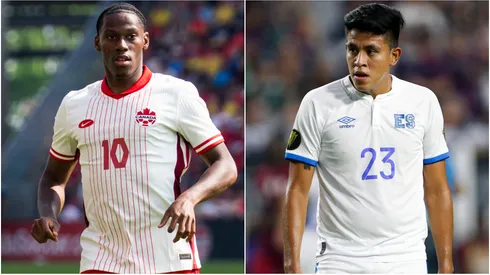 Jonathan David #10 of Canada and Marvin Marquez #23 of El Salvador.