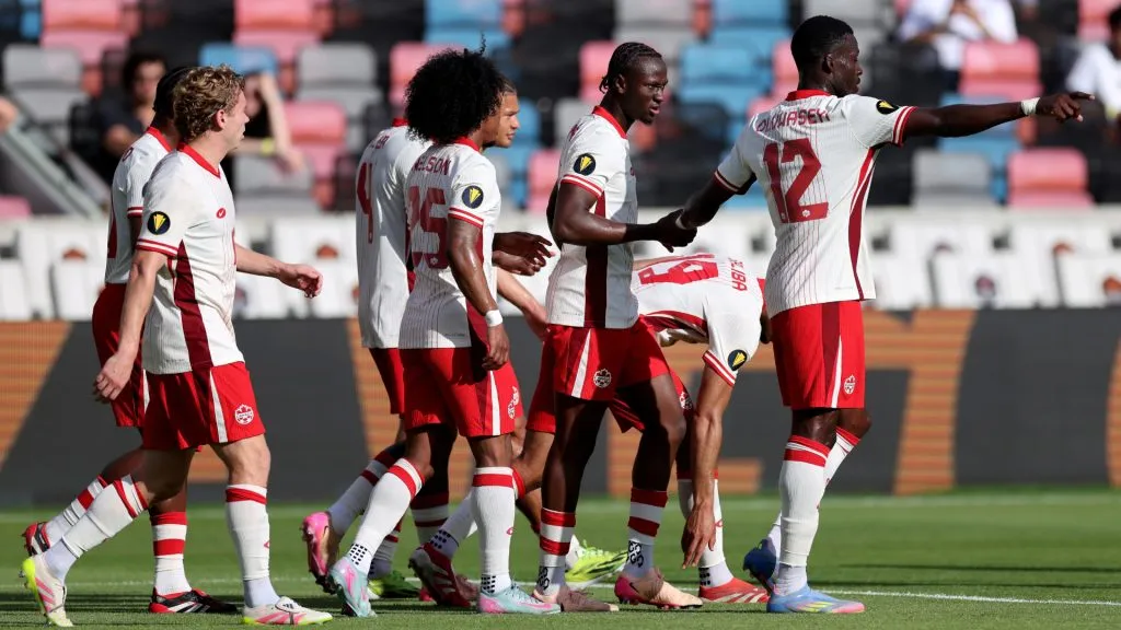 Players of Canada celebrate after Nathan Saliba #19 scores the team’s first goal against Curacao during the 2025 CONCACAF Gold Cup. (Tim Warner/Getty Images)