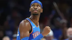Shai Gilgeous-Alexander #2 of the Oklahoma City Thunder celebrates as Ben Sheppard #26 of the Indiana Pacers looks on during the fourth quarter in Game Seven of the 2025 NBA Finals at Paycom Center on June 22, 2025 in Oklahoma City, Oklahoma.