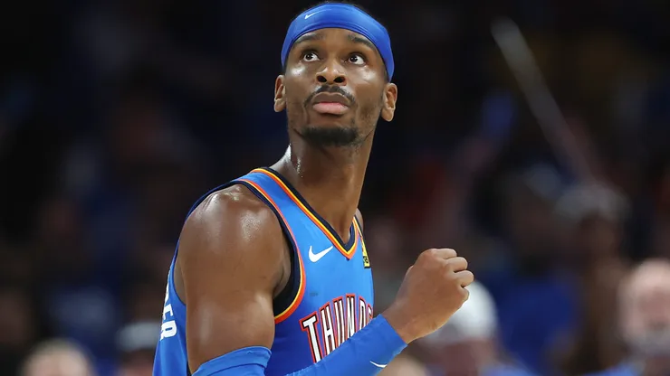 Shai Gilgeous-Alexander #2 of the Oklahoma City Thunder celebrates as Ben Sheppard #26 of the Indiana Pacers looks on during the fourth quarter in Game Seven of the 2025 NBA Finals at Paycom Center on June 22, 2025 in Oklahoma City, Oklahoma.