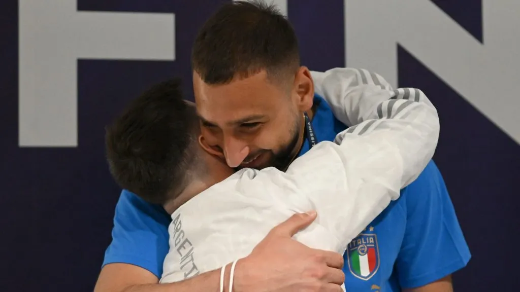 Gianluigi Donnarumma of Italy and Lionel Messi of Argentina attend at Wembley Stadium. (Claudio Villa/Getty Images)