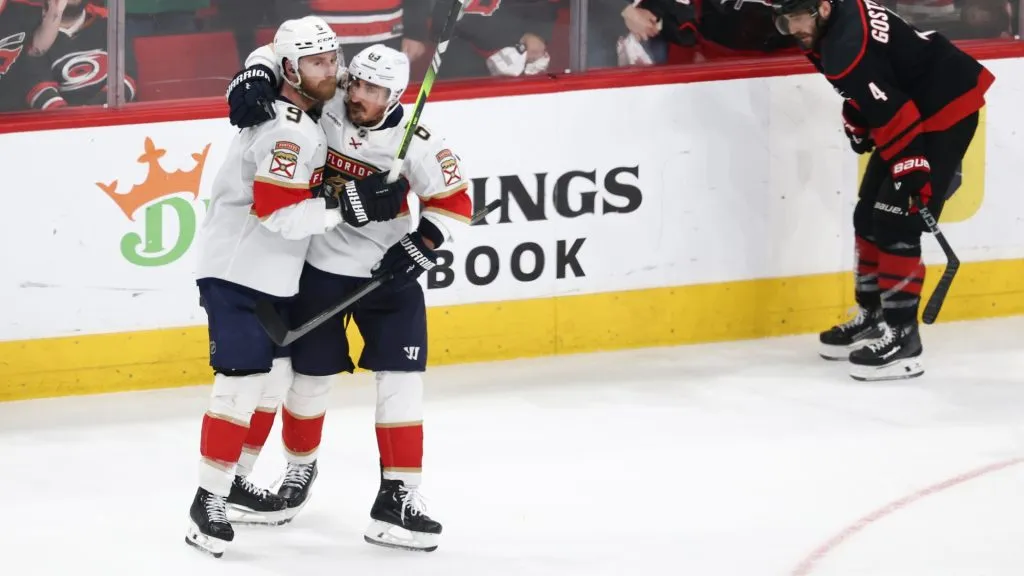 Sam Bennett and Brad Marchand share a moment on the ice during the Florida Panthers’ 2025 postseason run. (Photo by Jared C. Tilton/Getty Images)