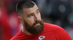 Travis Kelce #87 of the Kansas City Chiefs looks on before Super Bowl LVIII at Allegiant Stadium on February 11, 2024 in Las Vegas, Nevada.