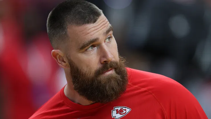Travis Kelce #87 of the Kansas City Chiefs looks on before Super Bowl LVIII at Allegiant Stadium on February 11, 2024 in Las Vegas, Nevada.
