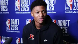 Ace Bailey speaks during a Media Availability session prior to the 2025 NBA Draft at Lotte New York Palace on June 24, 2025 in New York City.