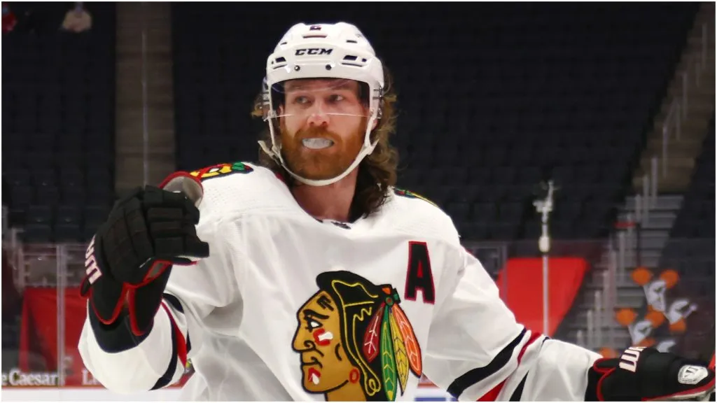 Duncan Keith #2 of the Chicago Blackhawks celebrates his first period goal while playing the Detroit Red Wings at Little Caesars Arena on April 15, 2021 in Detroit, Michigan.