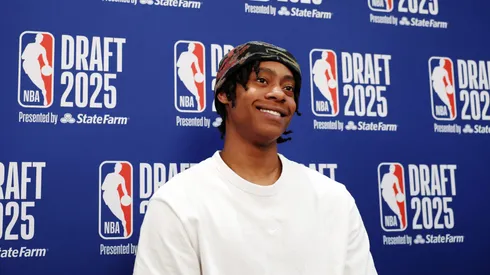 Tre Johnson speaks during a Media Availability session prior to the 2025 NBA Draft at Lotte New York Palace on June 24, 2025