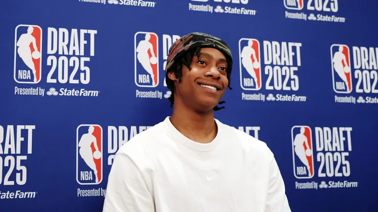 Tre Johnson speaks during a Media Availability session prior to the 2025 NBA Draft at Lotte New York Palace on June 24, 2025