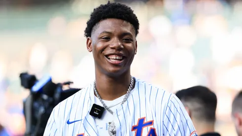 NBA draft prospect Ace Bailey looks on before throwing out the first pitch before the game between the New York Mets and the Tampa Bay Rays at Citi Field on June 24, 2025.