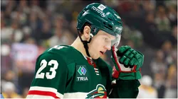 Marco Rossi #23 of the Minnesota Wild looks on against the Nashville Predators in the first period at Xcel Energy Center on January 25, 2024 in St Paul, Minnesota.