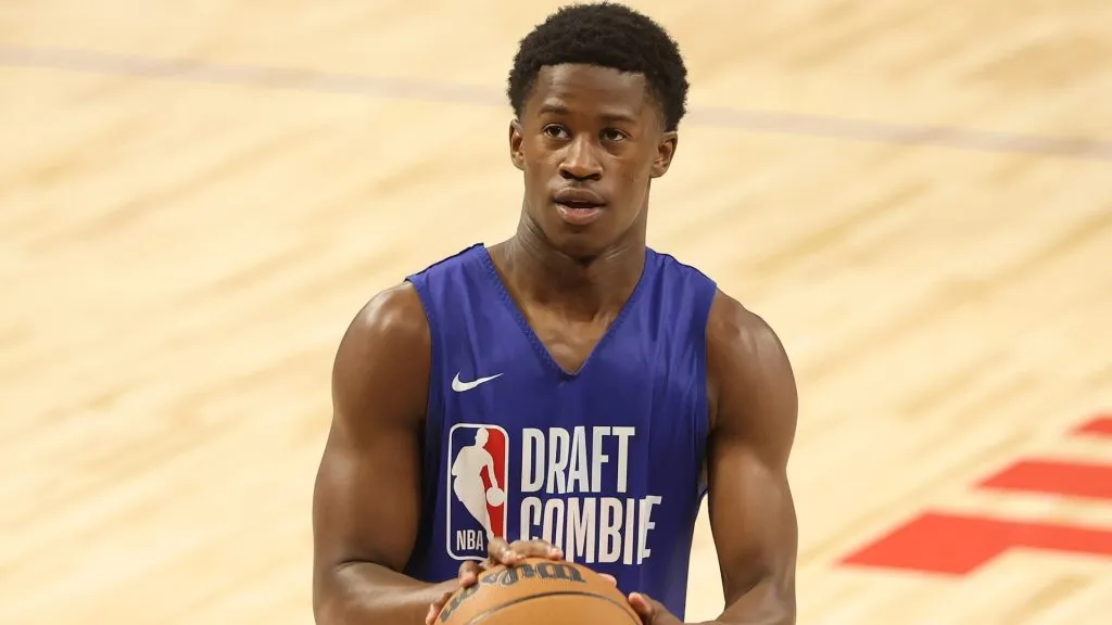 VJ Edgecombe Jr. #1 takes part in a shooting drill during the 2025 NBA Draft Combine at Wintrust Arena on May 13, 2025. (Source: Michael Reaves/Getty Images)