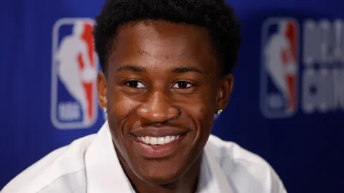 VJ Edgecombe Jr. answers questions from reporters during media availability at the 2025 NBA Draft Combine at Wintrust Arena on May 14, 2025.