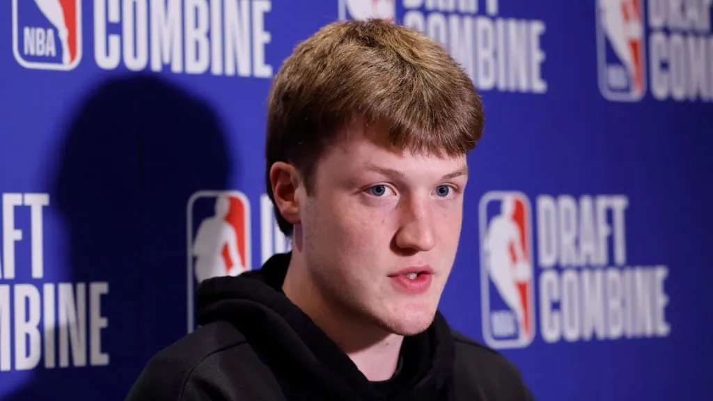Kon Knueppel answers questions from reporters during media availability at the 2025 NBA Draft Combine at Wintrust Arena on May 14, 2025. (Source: Michael Reaves/Getty Images)