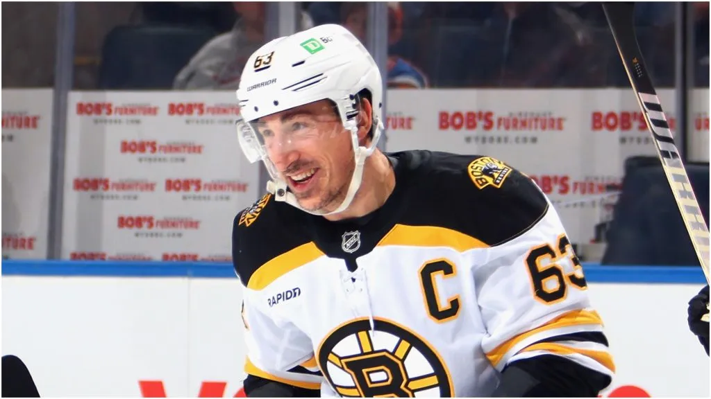 Brad Marchand #63 of the Boston Bruins celebrates his goal at 57 seconds of the first period against the New York Islanders at UBS Arena on November 27, 2024 in Elmont, New York.