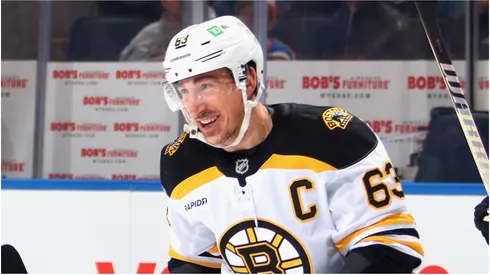 Brad Marchand #63 of the Boston Bruins celebrates his goal at 57 seconds of the first period against the New York Islanders at UBS Arena on November 27, 2024 in Elmont, New York.