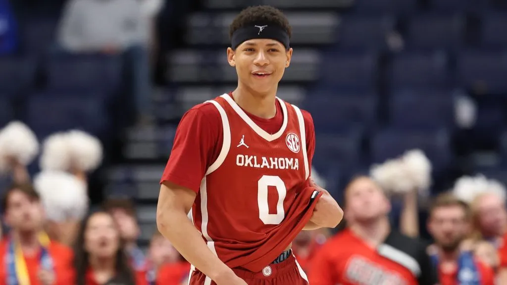 Jeremiah Fears #0 of the Oklahoma Sooners during the game against the Georgia Bulldogs during the SEC Men’s Basketball Tournament – First Round at Bridgestone Arena on March 12, 2025. (Source: Andy Lyons/Getty Images)