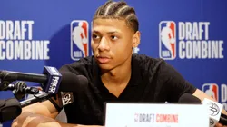 Jeremiah Fears answers questions from reporters during media availability at the 2025 NBA Draft Combine at Wintrust Arena on May 14, 2025.