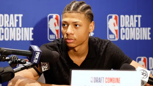 Jeremiah Fears answers questions from reporters during media availability at the 2025 NBA Draft Combine at Wintrust Arena on May 14, 2025.