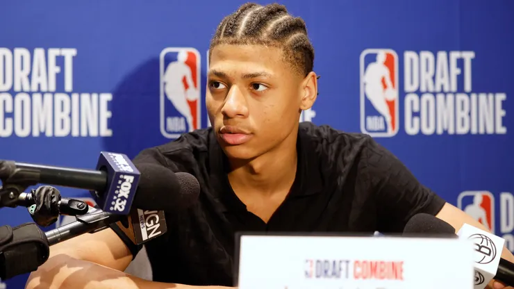 Jeremiah Fears answers questions from reporters during media availability at the 2025 NBA Draft Combine at Wintrust Arena on May 14, 2025.