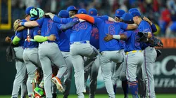 The New York Mets celebrate their win against the Philadelphia Phillies at Citizens Bank Park on June 21, 2025 in Philadelphia, Pennsylvania. The Mets defeated the Phillies 11-4.