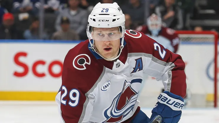 Nathan MacKinnon #29 of the Colorado Avalanche skates to the attack against the Toronto Maple Leafs during the first period in an NHL game at Scotiabank Arena on March 19, 2025 in Toronto, Ontario, Canada.