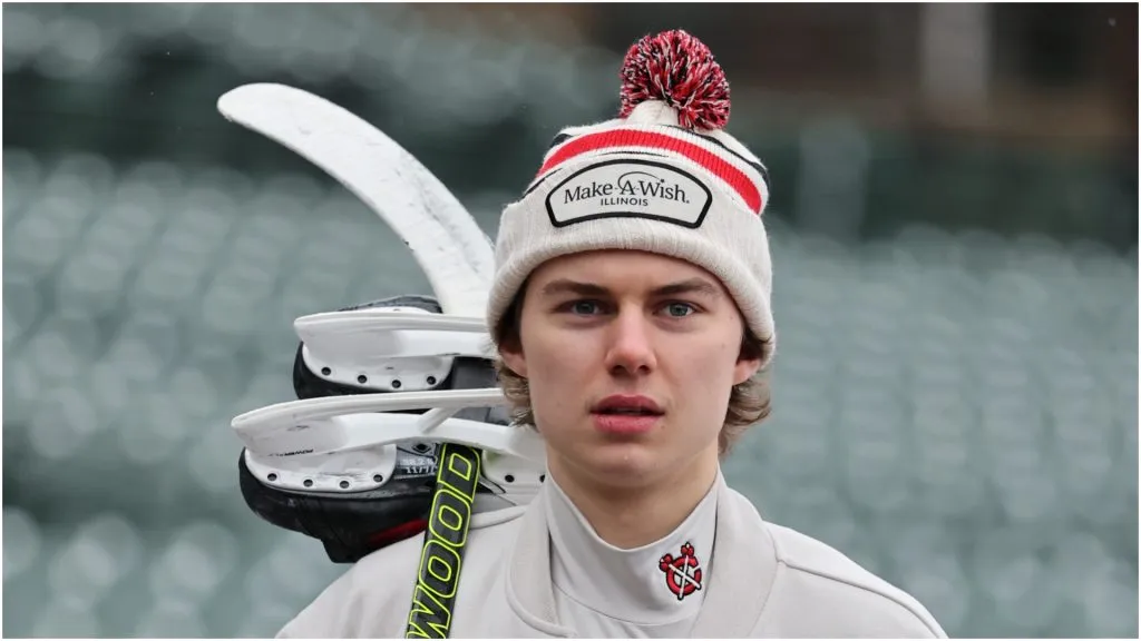 Connor Bedard #98 of the Chicago Blackhawks arrives inside Wrigley Field prior to the 2024 NHL Winter Classic against the St. Louis Blues on December 31, 2024 in Chicago, Illinois.