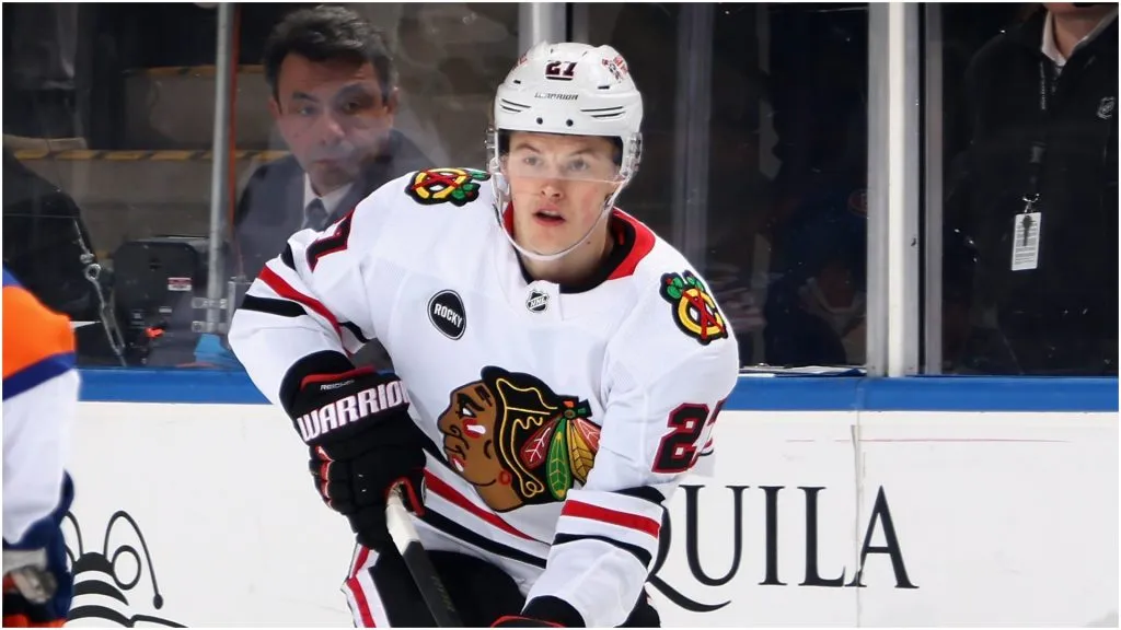 Lukas Reichel #27 of the Chicago Blackhawks skates against the New York Islanders at UBS Arena on April 02, 2024 in Elmont, New York.