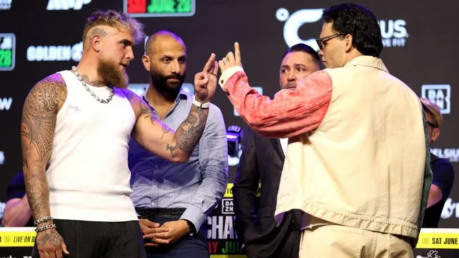 Jake Paul and Julio Cesar Chavez Jr. face off during a press conference at The Avalon on May 14, 2025 in Los Angeles, California. (Photo by Luke Hales/Getty Images)