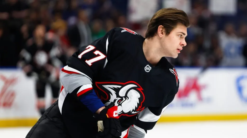 JJ Peterka of the Buffalo Sabres skates during warmups before a game against the Philadelphia Flyers at KeyBank Center on April 17, 2025 (Photo by Rebecca Villagracia/Getty Images)