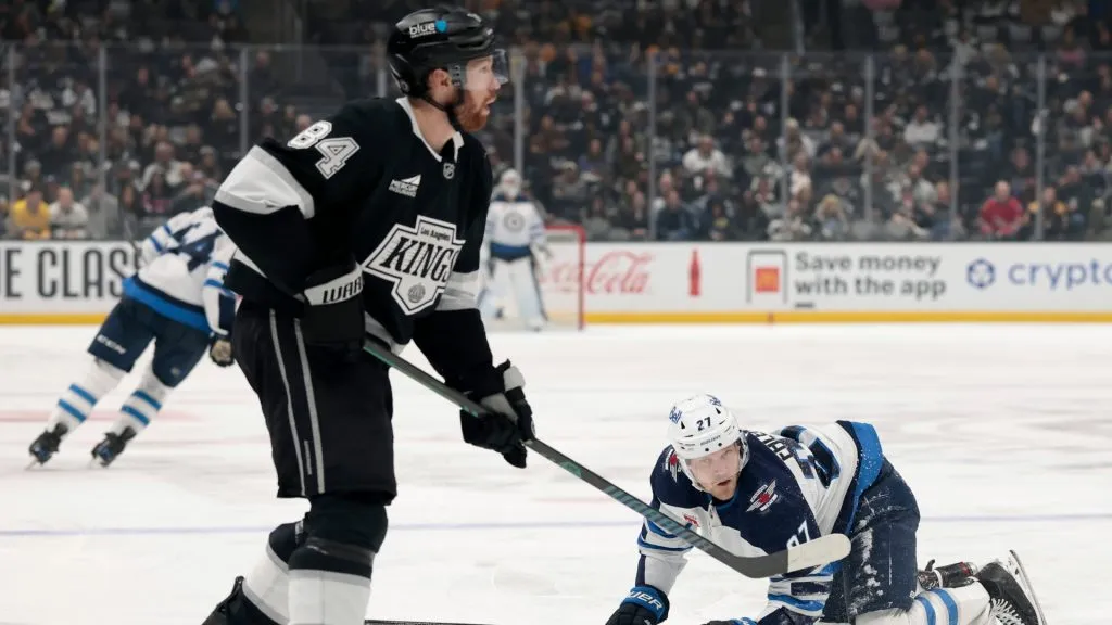 Nikolaj Ehlers #27 of the Winnipeg Jets reacts as he is tripped for a penalty by Vladislav Gavrikov #84 of the Los Angeles Kings during the third period in a 4-1 Kings win at Crypto.com Arena on April 01, 2025 in Los Angeles, California. (Photo by Harry How/Getty Images)