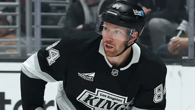 Vladislav Gavrikov #84 of the Los Angeles Kings in action at Crypto.com Arena on March 15, 2025 in Los Angeles, California.
