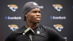 Travis Hunter #12 of the Jacksonville Jaguars speaks to the Media during Jacksonville Jaguars Rookie Minicamp at Miller Electric Center on May 10, 2025 in Jacksonville, Florida.