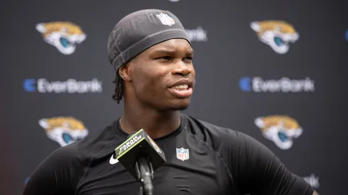 Travis Hunter #12 of the Jacksonville Jaguars speaks to the Media during Jacksonville Jaguars Rookie Minicamp at Miller Electric Center on May 10, 2025 in Jacksonville, Florida.
