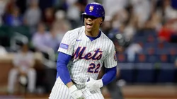 Juan Soto #22 of the New York Mets reacts after his seventh inning home run against the Atlanta Braves at Citi Field on June 25, 2025 in New York City.