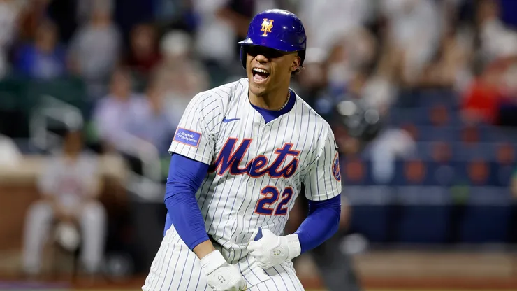 Juan Soto #22 of the New York Mets reacts after his seventh inning home run against the Atlanta Braves at Citi Field on June 25, 2025 in New York City.