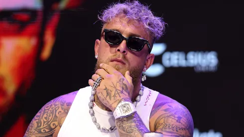 Jake Paul looks on during a press conference.