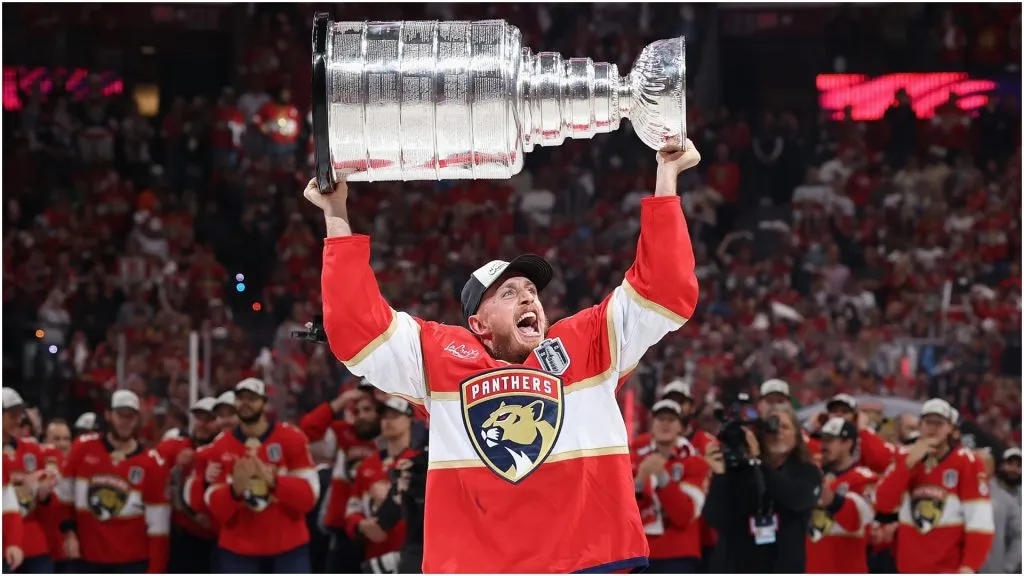 Nate Schmidt #88 of the Florida Panthers celebrates with the Stanley Cup after defeating the Edmonton Oilers in Game Six of the 2025 Stanley Cup Final at Amerant Bank Arena on June 17, 2025 in Sunrise, Florida.