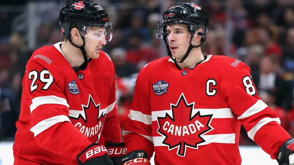 Nathan MacKinnon #29 and Sidney Crosby #87 of Team Canada chat prior to a second period faceoff against Team Finland in the 4 Nations Face-Off game at TD Garden on February 17, 2025 in Boston, Massachusetts. (Photo by Maddie Meyer/Getty Images)