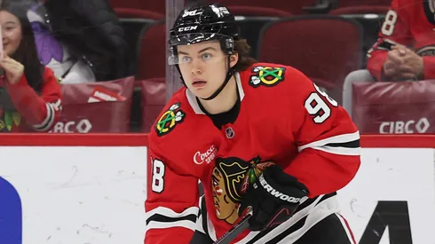 Connor Bedard during a 2025 regular season game with the Chicago Blackhawks, focusing on offseason improvement after declining Team Canada invite.