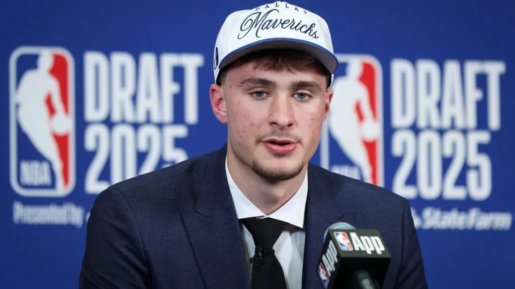 Cooper Flagg of the Dallas Mavericks speaks to the media after being drafted first overall during the 2025 NBA Draft at Barclays Center on June 25, 2025. (Source: Mike Lawrie/Getty Images)