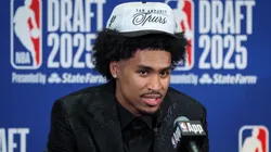 Dylan Harper of the San Antonio Spurs speaks to the media after being drafted second overall during the 2025 NBA Draft at Barclays Center on June 25, 2025.