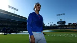 Mark Vientos #27 of the New York Mets at batting practice before the game against the Los Angeles Dodgers at Dodger Stadium on June 02, 2025 in Los Angeles, California.