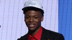 Ace Bailey shakes hands with NBA commissioner after being drafted fifth overall by the Utah Jazz during the first round of the 2025 NBA Draft at Barclays Center on June 25, 2025.