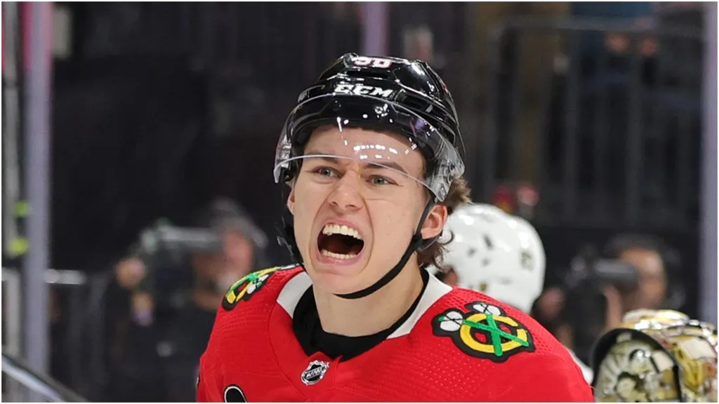 Connor Bedard #98 of the Chicago Blackhawks celebrates his first-period goal against the Vegas Golden Knights during their game at T-Mobile Arena on October 27, 2023 in Las Vegas, Nevada