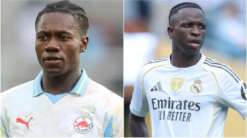 Edmund Baidoo #20 of RB Salzburg and Vinicius Junior #07 of Real Madrid.